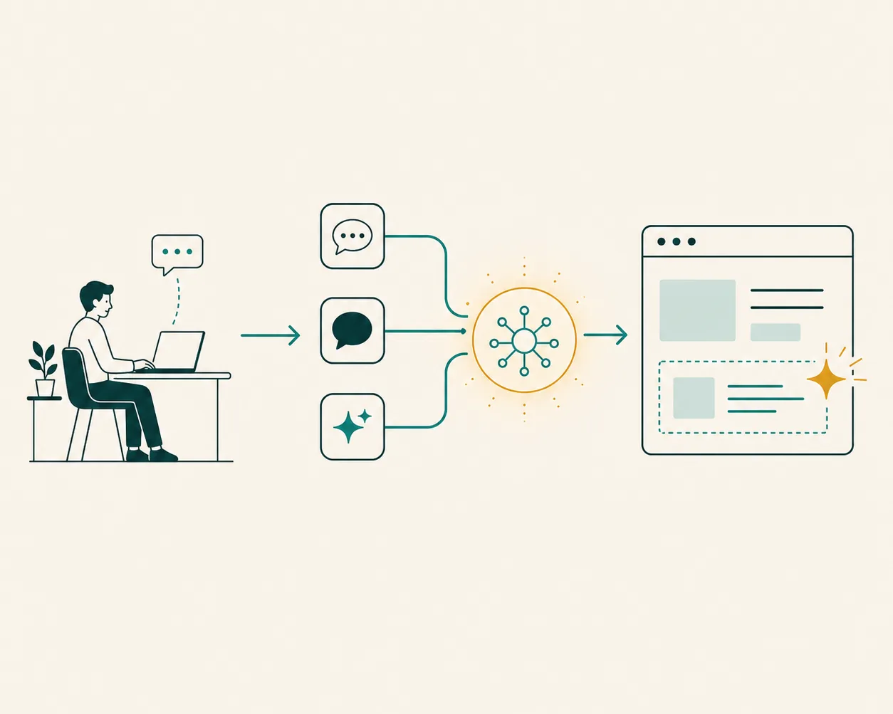 Diagram: your request travels from Slack, LINE and Claude to an AI that updates your website automatically